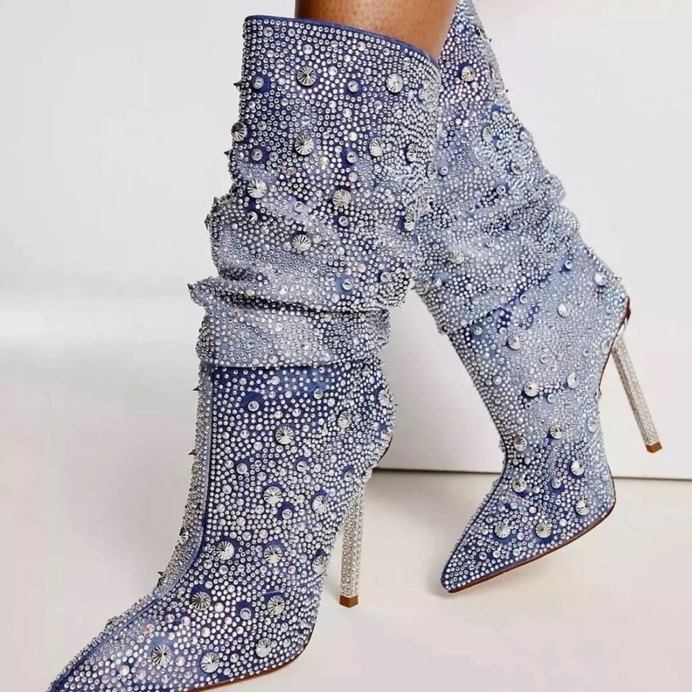 Urban Outfitters Azalea Wang Challengers Rhinestone Denim Boots Stiletto - Picture 3 of 12